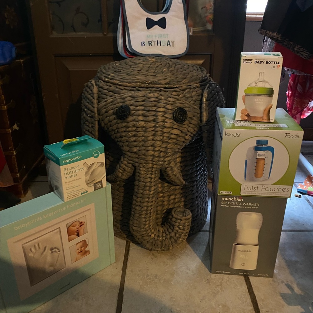 Gray Elephant Basket w/ baby products